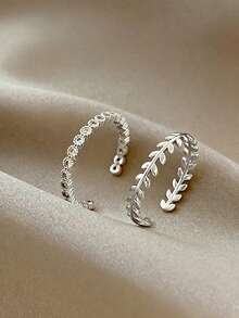 Bộ 2 nhẫn Zirconia sang trọng, tối giản, đa năng, thiết kế lá và lúa mì độc đáo dành cho nữ. - Bạc - Xem 2