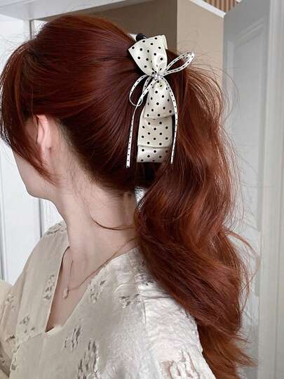 1pc Women's French Polka Dot Bow Banana Hair Clip, Elegant Hairpin Accessory Suitable For Daily, Vacation, And Party Wear