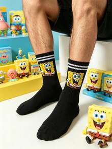 SpongeBob SquarePants 2 đôi tất dài đến bắp chân, in hình hoạt hình đen trắng tương phản, kiểu dáng vui nhộn, thích hợp mặc hàng ngày, mọi mùa. - Nhiều màu - Xem 5