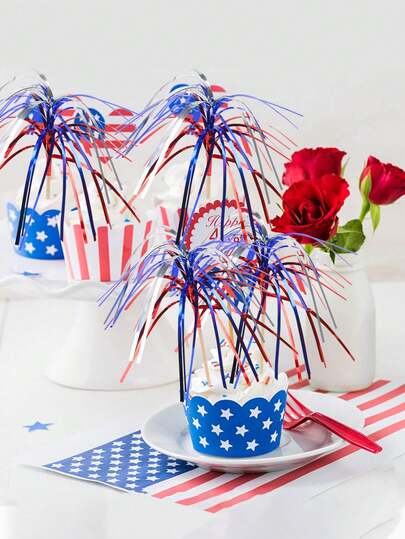 20/50/100 piezas Conjunto de palillos para cócteles del Día de la Independencia, palillos con tema de fuegos artificiales patrióticos, ideales para decoración de fiestas, se pueden usar para aperitivos, frutas, alimentos y pasteles - Decoración de fiesta del 4 de julio, rojo blanco azul