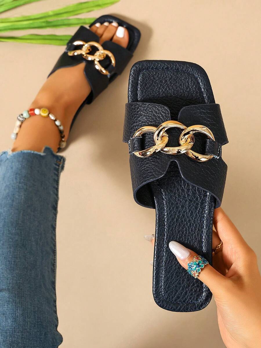 Ximi Ruo New Spring/Summer Fashion Casual Strap Slide Sandals, Comfortable Flat Heel Round Toe Beach Slippers, Versatile Slip-On Sandals For Women - Navy Blue - View 1