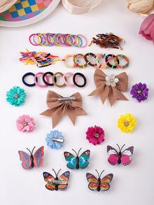 6/830PCS Colorful Coffee Brown Gentle Vintage Girls Hair Accessories Set, Includes Faux Butterfly Hair Clips, Flower Bow Hair Clips, Rhinestone Flower Hair Clips, High Elasticity Non-Damaging Hair Ties, Suitable For Girls Daily, Party, Gift Use - Multicolor - View 8