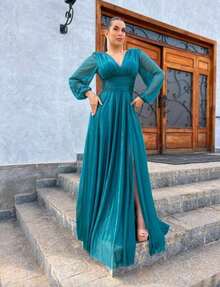 Long Dress For Graduation, Party, Wedding, Evening, Bridesmaid With Sparkle - Dark Green - View 1