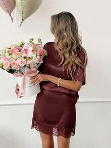 Crew Neck T-Shirt Top And Lace Patchwork A-Line Skirt Set, Silk Satin And Lace Patchwork Casual Loose Elegant Office Lady Style, Spring/Summer Women 2-Piece Set - Burdeos - Ver 4