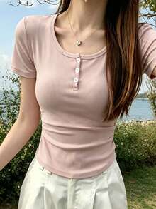 Korean Style Minimalist Button Design Short Sleeve T-Shirt For Women, Versatile Pink Casual Summer - Pink - View 1
