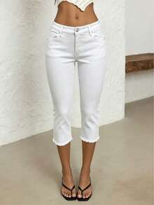 Summer Outfits For Women White Denim Cropped Trousers, Elastic Tight Pants And Short Jeans, Everyday Home Leisure. - 白色 - 查看 1