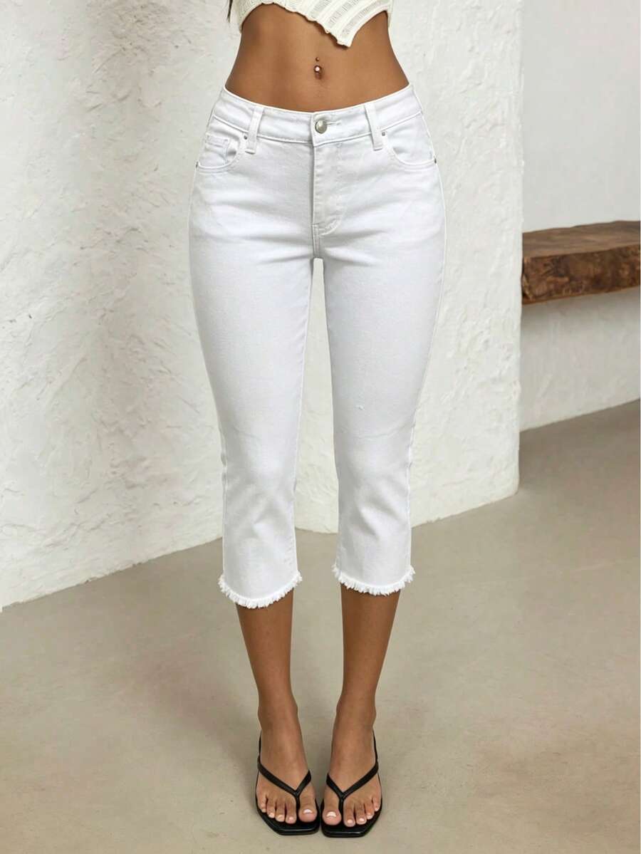 Summer Outfits For Women White Denim Cropped Trousers, Elastic Tight Pants And Short Jeans, Everyday Home Leisure. - 白色 - 查看 1
