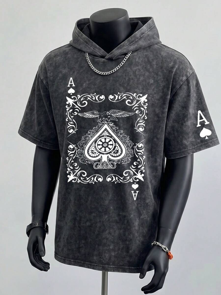 Simple-Men's Summer Washed Distressed Retro Casual Short Sleeve Hoodie T-Shirt - Black - View 1