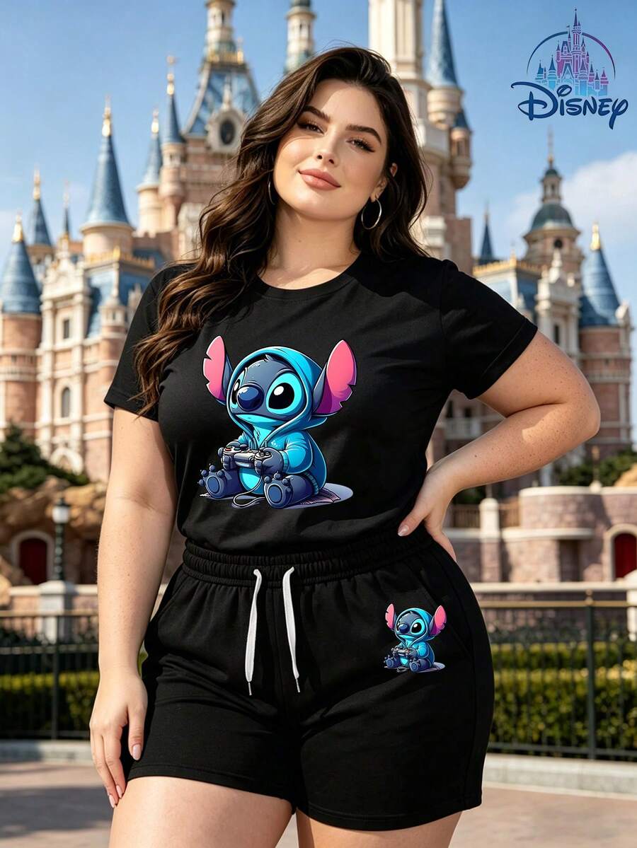 Disney Official Licensed | Lilo & Stitch Stitch Gaming Controller Print Women's Casual Short Sleeve T-Shirt & Shorts Set - Gamer Style, Soft Breathable Fabric, Crew Neck, Ideal For Vacation, Travel & Daily Casual Wear - màu đen - Xem 1
