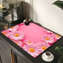 1pc Pink Floral Print Absorbent Mat/Drying Mat For Coffee Maker, Dishes - Polyester Absorbent Desktop Protective Mat With Rubber Anti-Slip Pad, For Kitchen Counter Decor, Home Bar And Dining Table - Multicolor - View 4