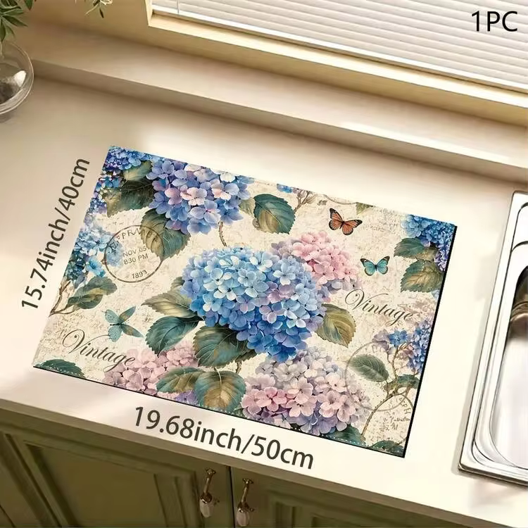 1pc Hydrangea Printed Absorbent Mat/Drying Mat For Coffee Maker, Tableware - Polyester Absorbent Desktop Protective Mat With Rubber Anti-Slip Pad, For Kitchen Counter Decor, Home Bar And Dining Table - Multicolor - View 13