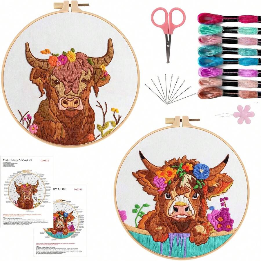Offizon 2 PCS Embroidery Kit For Beginners - Cross Stitch DIY Craft Set, Embroidery Accessories &Amp; Hoop Included, Hand Embroidery Kit For Adults Stitching Sewing Kit Gift | Cow Patterns - ColorB - View 1