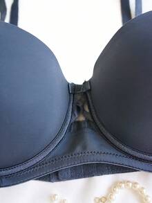 Solid Color Lace Sexy Women's Bra, Gather & Deep V, Comfortable Smooth B Cup Lingerie - Black - View 5