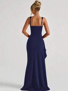 Vestido ajustado elegante y sexy con abertura, adecuado para fiestas, banquetes, vacaciones y uso diario, vestido azul de boda - Azul marino - Ver 2