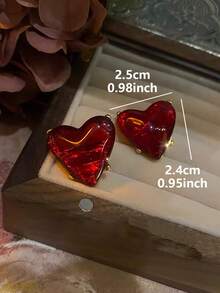 1 Pair Exaggerated Delicate Elegant French Romantic Burgundy Vintage Heart Design Resin Inlaid Earrings, High-End Suitable For Women's Daily, Festival, Date, Party Wear - Burgundy - View 6