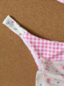 New Arrival Spring/Summer Women Elegant Casual Sexy Pink & White Patchwork Floral Plaid Bikini Set Set With Cover-Up & Skirt, Suitable For Beach, Vacation, Party, Date - Multicolor - View 7