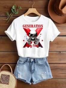 Women's Black And White Crew Neck Graphic Print Cotton T-Shirt, Versatile And Suitable For Streetwear, Everyday Wear, Camping, Concerts, And Hip-Hop, Rock, And Rap Events. A Great Option For Generation X, Featuring A Skull Hand Design, This Casual, Loose-Fitting, Oversized Short-Sleeve Tee Is Perfect For Spring, A  Basic Tee For Summer, And Makes A Great Gift For Women. - 白色 - 查看 2
