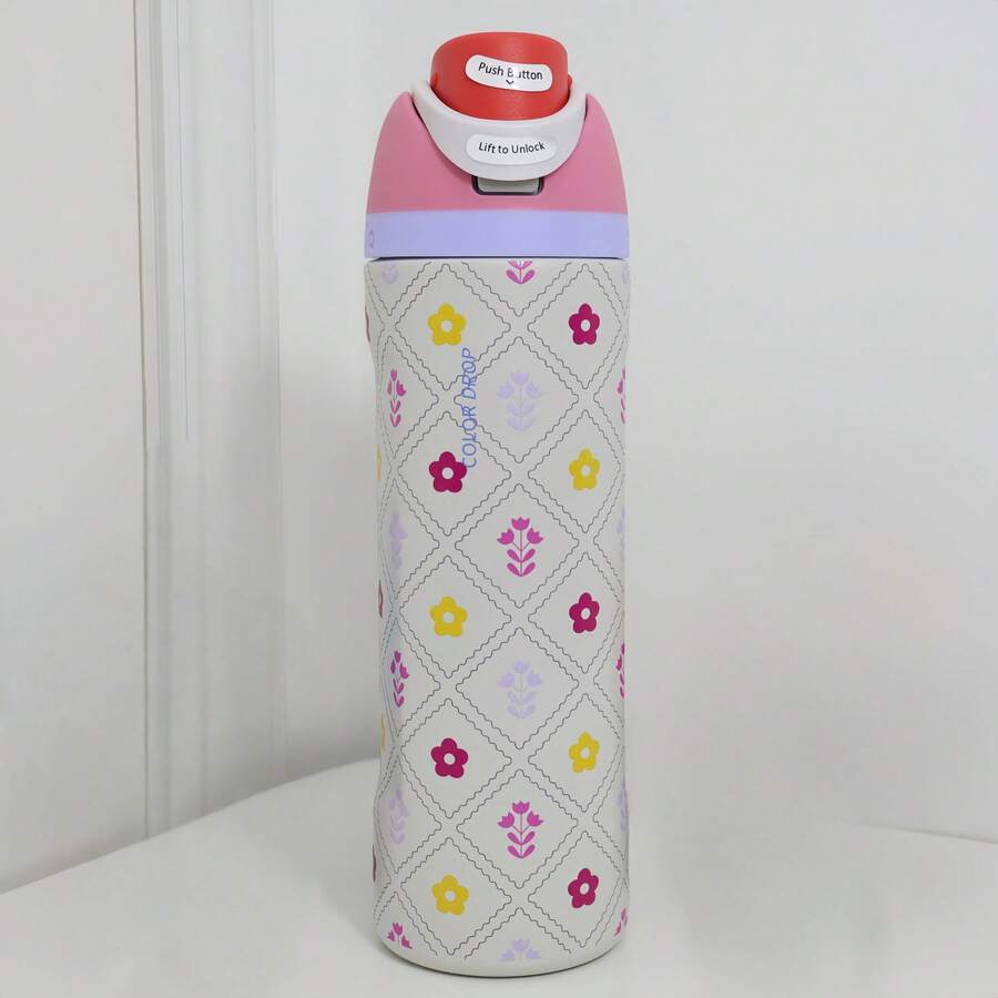 Retro Floral Grid Print Insulated Stainless Steel Water Bottle, Push-To-Open Flip Top Lid - White - View 1