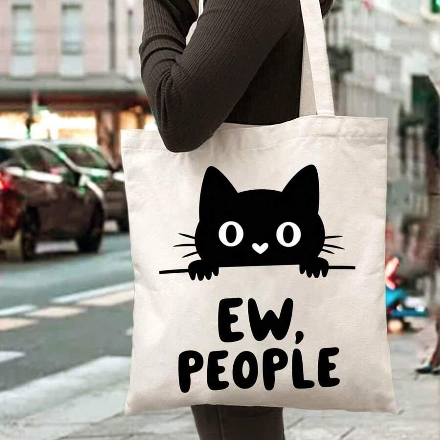 Funny Sarcastic EW, PEOPLE Bag - Open Top Beige/White Tote With Black Cat Peeking - Machine Washable Everyday Shoulder Bag For Women & Men, Lightweight Grocery Or Travel Bag With Minimalist Graphic Design, Casual Carryall, Playful Accessory, Sturdy Construction, Versatile Carryall, Urban Commuters - màu đen - Xem 1