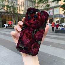 A Matte-Finish Smartphone Case Featuring A Burgundy Tulip Pattern. Compatible With Apple 17, 16, 15, 14, 13, 12, 11 Plus/Pro/Max, And Galaxy S22, S23, S24, S25. Perfect For Halloween, Back To School, Labor Day, Birthday Gifts, Presents For Lovers And Friends, Or Even For Yourself. - Black - View 1