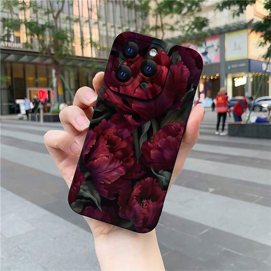 A Matte-Finish Smartphone Case Featuring A Burgundy Tulip Pattern. Compatible With Apple 17, 16, 15, 14, 13, 12, 11 Plus/Pro/Max, And Galaxy S22, S23, S24, S25. Perfect For Halloween, Back To School, Labor Day, Birthday Gifts, Presents For Lovers And Friends, Or Even For Yourself. - Black - View 1