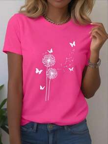 Camiseta casual de manga corta y cuello redondo para mujer  con estampado de diente de león y mariposa. - Rosa Fucsia - Ver 1