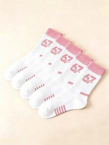 1/6雙 女款 67 粉色透氣運動中筒襪，舒適極簡，適合日常出遊、運動、辦公穿著，四季皆宜 - 粉色 - 查看 8