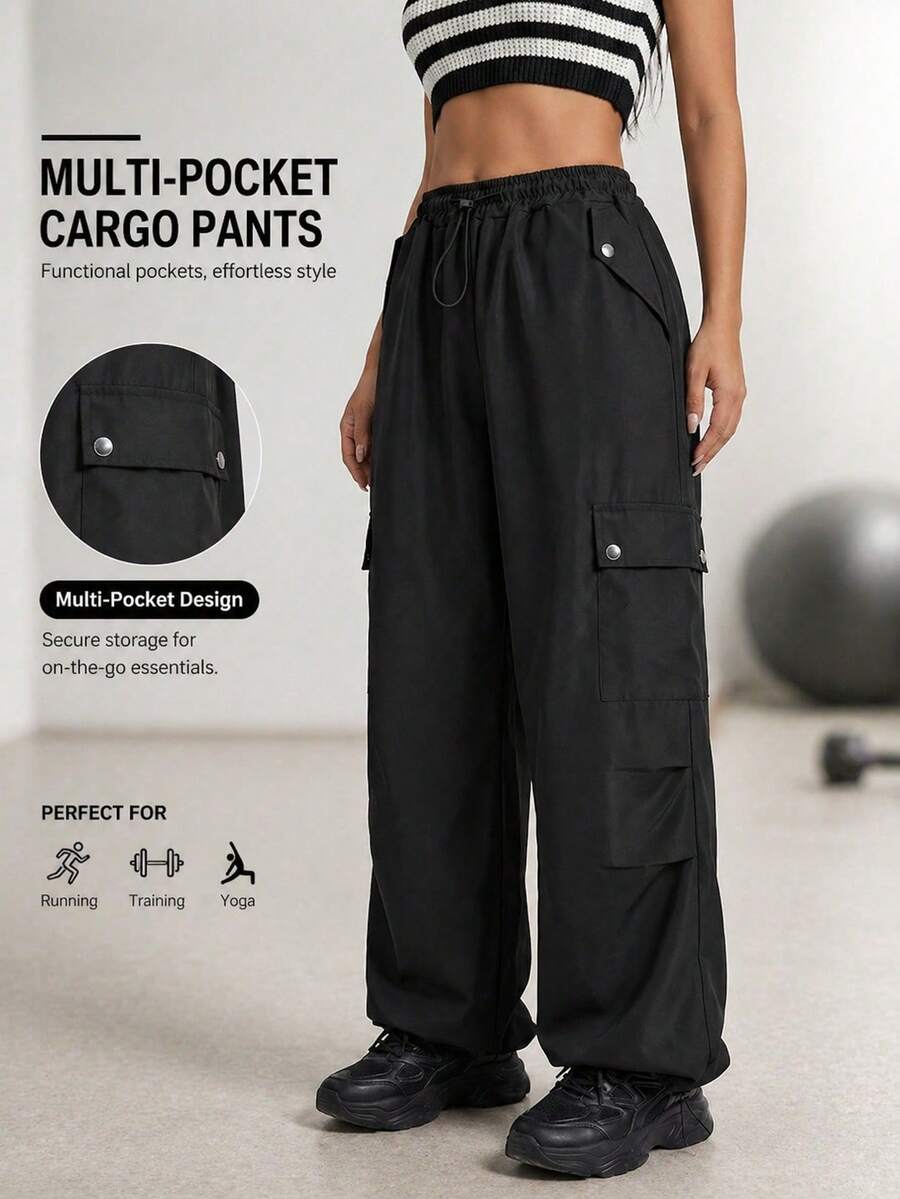Women's High Waisted Cargo Pants, Multi Flap Pockets With Drawstring For Streetwear & Casual, Parachute Utility Pants Black Spring - Black - View 1