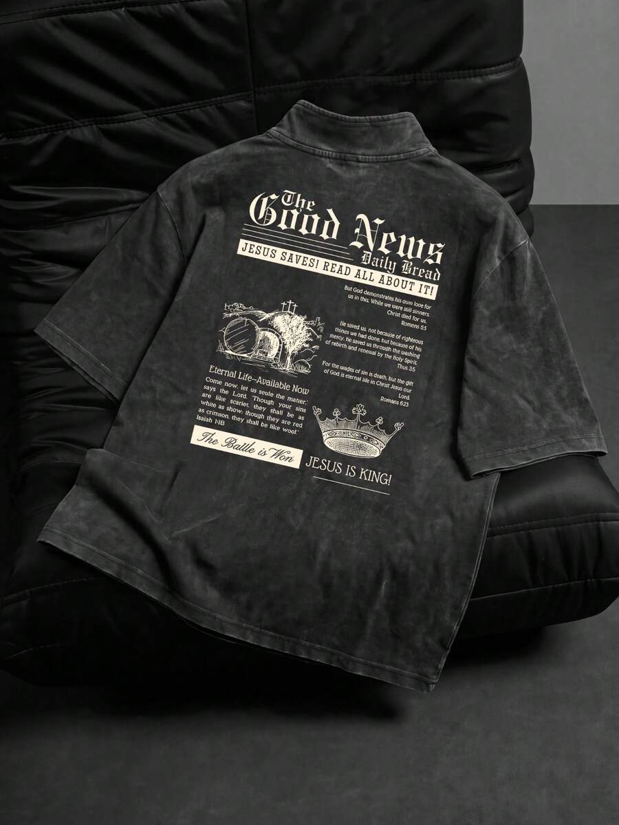 Casual Vintage Washed Ripped Zip-Up Short Sleeve T-Shirt For Men, Summer - Black - View 1