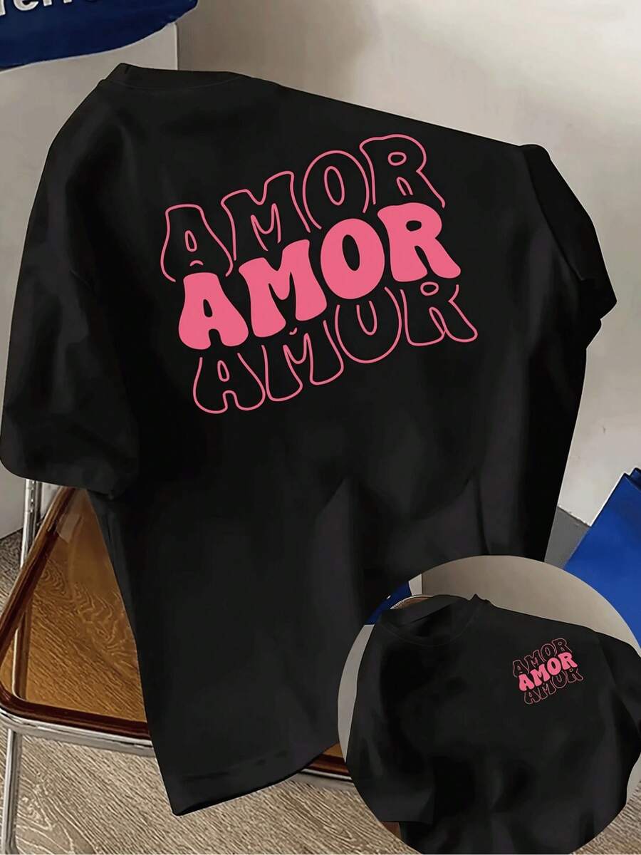 T-shirt estiva da donna con stampa su entrambi i lati - Stampa a bolle rosa Amor, adatta per la primavera e l'estate, abbigliamento femminile semplice, comodo, ampio, con scollo rotondo a Y T-shirt-koszulki