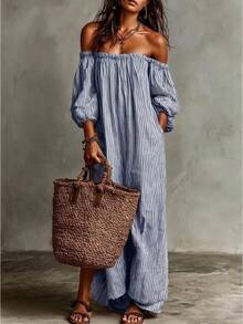 2026 Spring, Summer, Autumn New Elegant Women's Dresses Beige Striped Off-Shoulder Maxi Dress, Puff Sleeve Loose Casual Linen-Blend Beach Dress - 藍色 - 查看 1