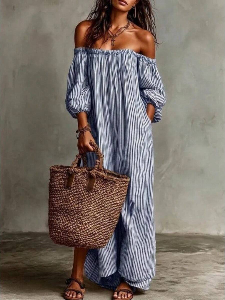 2026 Spring, Summer, Autumn New Elegant Women's Dresses Beige Striped Off-Shoulder Maxi Dress, Puff Sleeve Loose Casual Linen-Blend Beach Dress - 藍色 - 查看 1