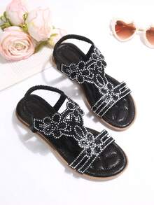 1 Pair Women's Black Rhinestone Floral Flat Sandals, Comfortable Casual Vacation Style, Suitable For Spring/Summer, Red Color, Versatile - Black - View 8