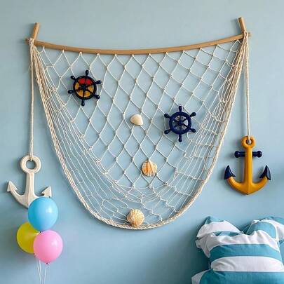 1pc Nautical Theme Fishing Net Party Decor, Includes Starfish, Anchor And Balloon Patterns - Ideal For Pirate, Hawaiian And Nautical Theme Parties, Holiday Room Decor | Nautical Party Decorations | Decorative Fishing Net, Nautical Decor