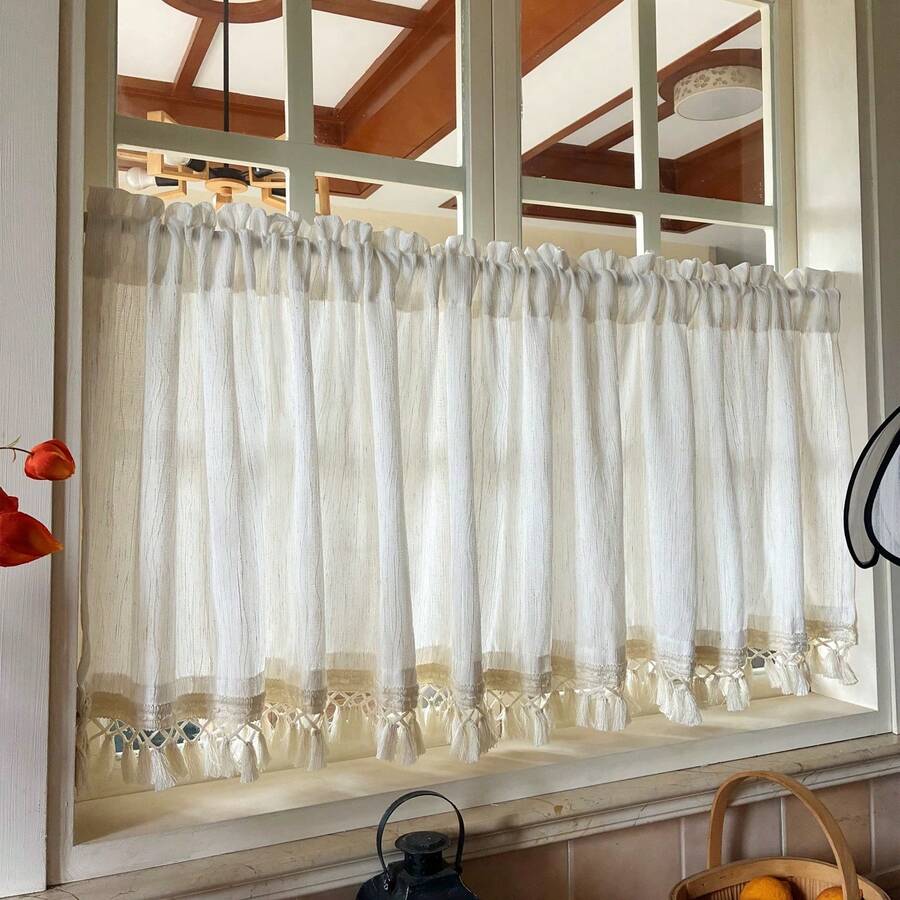 1 chiếc rèm cửa mùa hè mới, chất liệu vải lanh kiểu Pháp cổ điển, có tua rua, kiểu Bohemian Mỹ, rèm nửa cửa/rèm bếp/rèm phòng tắm/rèm quán cà phê, rèm cửa sổ phòng ngủ, rèm phòng khách, lắp đặt dễ dàng bằng thanh treo.