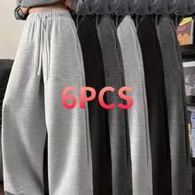 Women's 6pcs Flowy Wide-Leg Pants - Butt-Lifting Trousers With Elastic Waist & Drawstring, Loose Fit, Full-Length Length For Workout, Gym,, Casual Wear - Machine Washable Wide Pants Suitable For Fitness, Daily Outfits & - Use - Xám bạc, đen, xám đậm - Xem 2