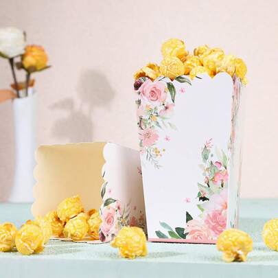 10/20/50/100Pcs Pink Floral Watercolor Rose Pattern Popcorn Boxes, Garden Flower Print Open-Top Snack Containers, Disposable Paper Treat Boxes For Popcorn, French Fries, Candies, Desserts, Perfect For Themed Parties, Celebratory Gatherings, Garden Events, Bridal Showers, Tea Parties, Holiday Celebrations, Party Favors, Food Packaging Supplies, Durable Lightweight Party Accessories, Versatile Containers For Snacks And Small Treats