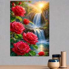 1 pieza de pintura de diamantes 5D DIY de 15.7"x27.6" - Rosa rojas con gotas de lluvia iluminadas por el sol, taladro redondo completo, manualidad de sombreado de color 5D, kit de bordado hecho a mano para colgar en la pared o como centro de mesa - Enmarcado - Ver 3