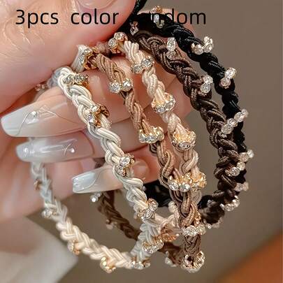 3/1pc Rhinestone Braided Headband, Elastic Ponytail Loop, Elegant Hair Accessory, Korean-Style Light Luxury Hair Tie, Simple And Elegant Rhinestone Hair Band, High Elasticity And Durable Hair Tie, Autumn And Winter Milk Tea Colored Hair Tie For Women.