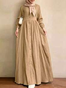 Vestido elegante de manga larga con botones, plisado y retorcido de unicolor - Camel - Ver 1
