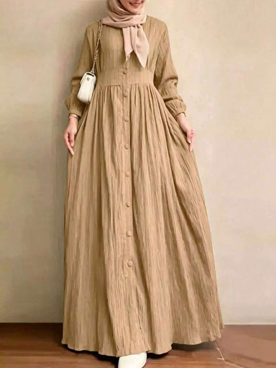 Vestido elegante de manga larga con botones, plisado y retorcido de unicolor - Camel - Ver 1