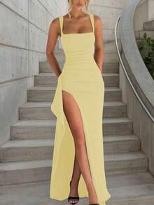 Vestido ajustado elegante y sexy con abertura, adecuado para fiestas de primavera/verano, galas, vacaciones y bodas - Amarillo - Ver 3