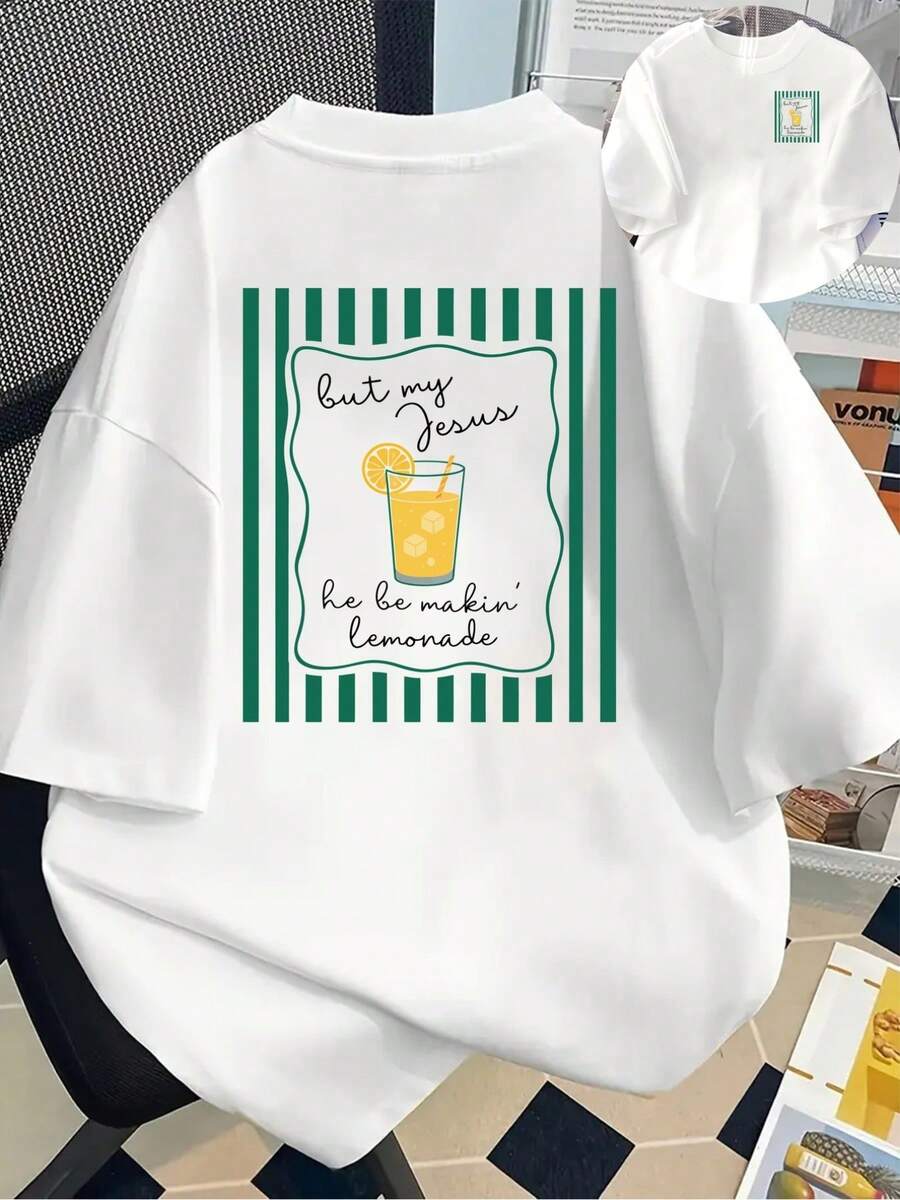 But My Jesus, Lemonade Printed Short Sleeve T-Shirt With Front And Back Designs - Fashionable Spring/Summer Women's Printed T-Shirt, Your Best Choice! - White - View 1