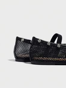 Women's Rhinestone Mesh Breathable Flat Mary Jane Shoes, Summer Hollow Round Toe Comfortable Ballet Shoes - Black - View 3