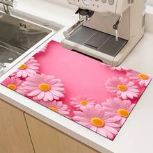 1pc Pink Floral Print Absorbent Mat/Drying Mat For Coffee Maker, Dishes - Polyester Absorbent Desktop Protective Mat With Rubber Anti-Slip Pad, For Kitchen Counter Decor, Home Bar And Dining Table - Multicolor - View 2