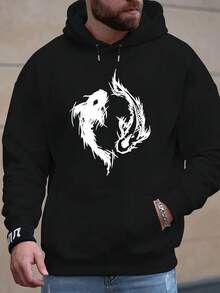 Men's Fashionable Hooded Sweatshirt - Black And White Carp Print, Autumn/Winter Velvet Pullover, Casual Long Sleeve Top - Black - View 2