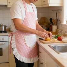 1pc French Style Pink Polka Dot Apron, With Large Pocket, Ruched Edges, Ideal Gift For Valentine's Day, Mother's Day, Festivals, Suitable For Garden, Kitchen, Cooking, BBQ, Restaurant, Shop, Pub, Cafe - Baby Pink - View 3