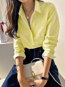 Lindo cárdigan de manga larga con botones y rayas azules, blusa/parte superior casual elegante vintage para mujer, adecuado para primavera/verano, días festivos/Día de San Valentín - blanco amarillento - Ver 9