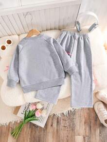 Baby Girl Ribbon Bow Decor Round Neck Long Sleeve Top And Pants Set - Grey - View 2