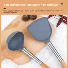 Utensilios de cocina de silicona, espátula de silicona, mango de madera, cuchara de silicona para sopa, espátula para sopa, sartén antiadherente. - Ver 6